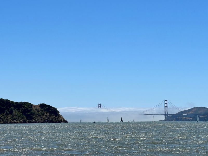 Leaving Raccoon Strait,<BR>Golden Gate fog.